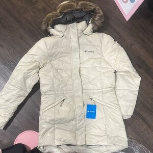 Columbia Off-White Puffer Jacket with Fur Trim